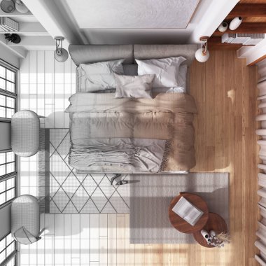 Mimari iç mimar konsepti: elle çizilmiş tamamlanmamış proje, Japon usulü parke ile ahşap yatak odası. Manzara, plan, yukarısı. Çağdaş biçim