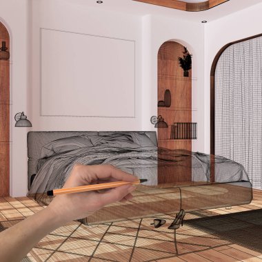 Parke ve beyaz duvarlı içi boş, el çizimi özel mimari tasarım, siyah mürekkep çizimi, ahşap yatak odasını gösteren plan, konsept, model, fikir.