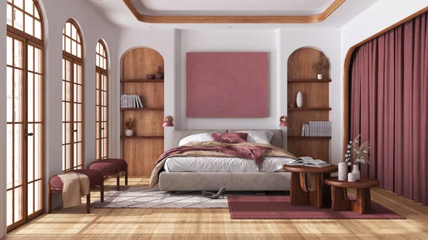现代木制卧室 有花束和拱形窗户 桌子和扶手椅都是白色和红色调的 Boho风格室内设计 — 图库照片