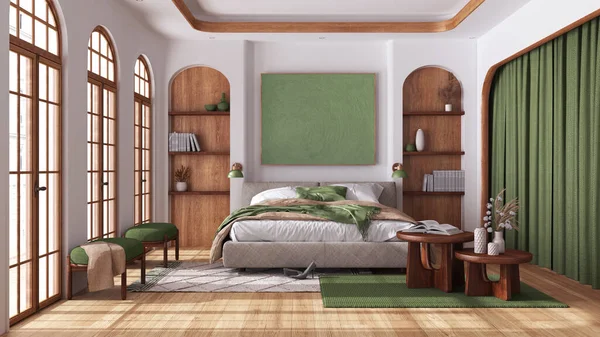 现代木制卧室 有花束和拱形窗户 桌子和扶手椅都是白色和绿色色调的 Boho风格室内设计 — 图库照片