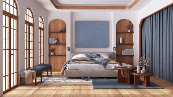 寄木細工とアーチ型の窓のあるモダンな木製の寝室 白と青のトーンでマスターベッド カーペット テーブルやアームチェア 坊型インテリアデザイン — ストック写真