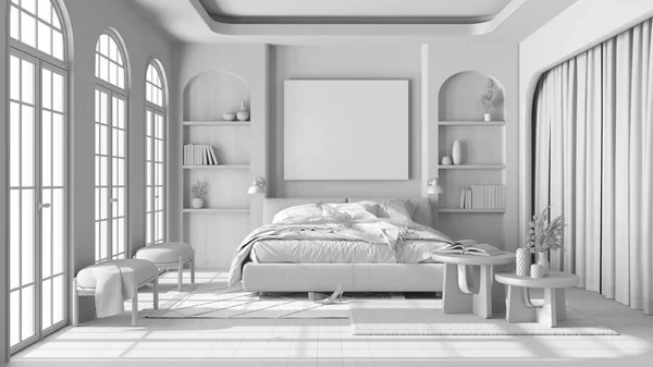 Total White Project Draft Modern Wooden Bedroom Parquet Arched Windows — Stock Photo, Image