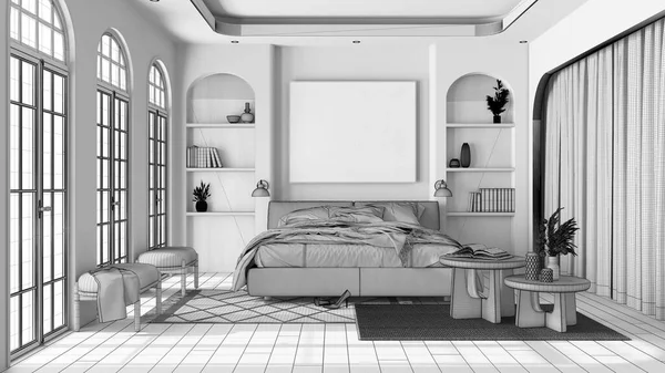 Tamamlanmamış Proje Taslağı Parke Kemerli Pencereli Modern Ahşap Yatak Odası — Stok fotoğraf