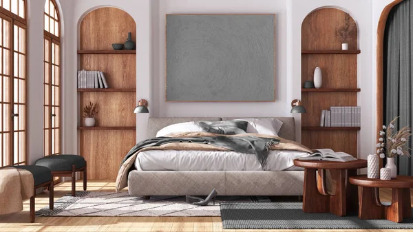 寄木細工とアーチ型の窓のある現代的な木製の寝室 白とグレーのトーンでダブルベッド カーペットやアームチェア 日本インテリアデザイン — ストック写真