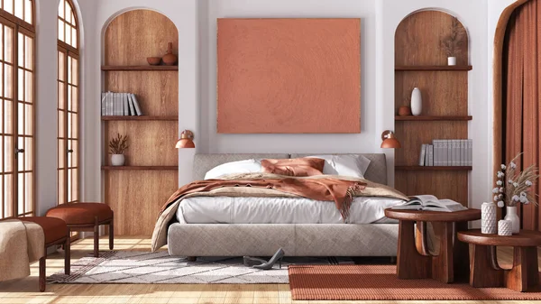 寄木細工とアーチ型の窓のある現代的な木製の寝室 白とオレンジのトーンでダブルベッド カーペットやアームチェア 日本インテリアデザイン — ストック写真