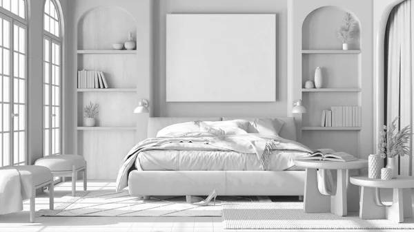 総白のプロジェクトの草案 寄木細工とアーチ型の窓のある現代的な木製の寝室 ダブルベッド カーペット アームチェア 日本インテリアデザイン — ストック写真