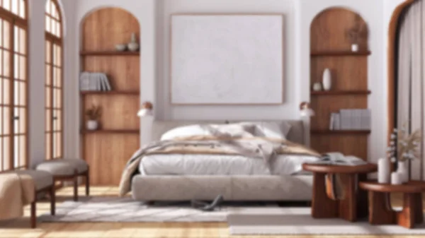 背景が赤く 寄木細工とアーチ型の窓のある現代的な木製の寝室 ダブルベッド カーペット アームチェア 日本インテリアデザイン — ストック写真