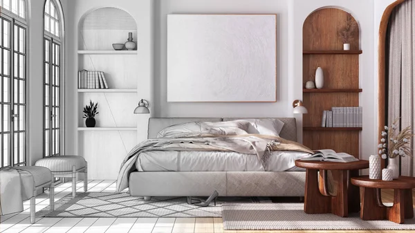 Concepto Interiorista Arquitecto Proyecto Inacabado Dibujado Mano Que Convierte Dormitorio —  Fotos de Stock