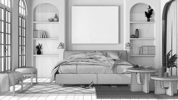 Blueprint Unfinished Project Draft Contemporary Wooden Bedroom Parquet Arched Windows — Stock Photo, Image