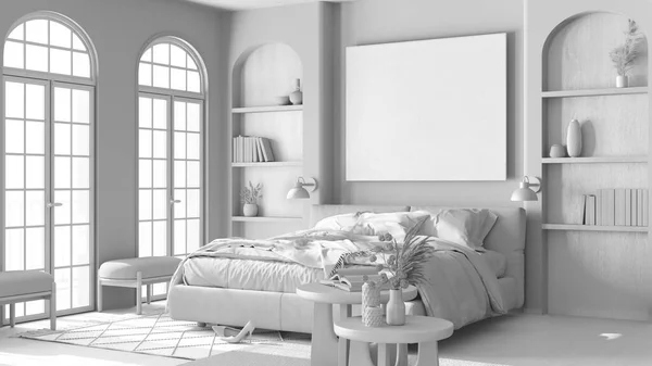 アーチ型の窓や寄木細工で全体の白いプロジェクトの草案 Boho様式の寝室 デュベット カーペット サイドテーブル付きのマスターベッド 農家の木造インテリアデザイン — ストック写真