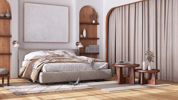 アーチ型のドアと寄木細工の床とジャパンディスタイルの木製の寝室 ダブルマスターベッド カーペット 白とベージュのトーンでテーブル 現代的なインテリアデザイン — ストック写真