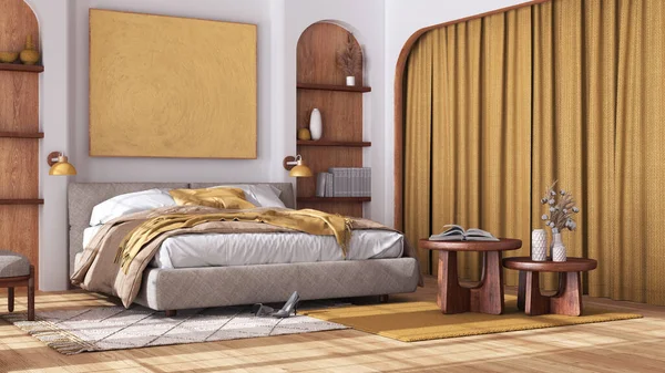 アーチ型のドアと寄木細工の床とジャパンディスタイルの木製の寝室 ダブルマスターベッド カーペット 白と黄色のトーンでテーブル 現代的なインテリアデザイン — ストック写真
