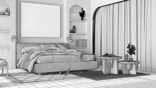 未完成のブループリントプロジェクトの草案 アーチ型のドアと寄木細工の床とジャパンディスタイルの木製の寝室 ダブルマスターベッド カーペット テーブル 現代的なインテリアデザイン — ストック写真