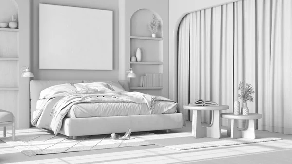 Borrador Proyecto Blanco Total Dormitorio Madera Estilo Japandi Con Puerta —  Fotos de Stock