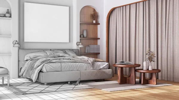 인테리어 디자이너 완성되지 수작업 스타일의 침실이 아치형 응접실 바닥으로 — 스톡 사진