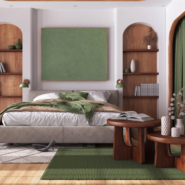 Przytulny Drewniany Pokój Parkietem Podwójne Łóżko Kołdrą Stoły Dywan Kolorach — Zdjęcie stockowe