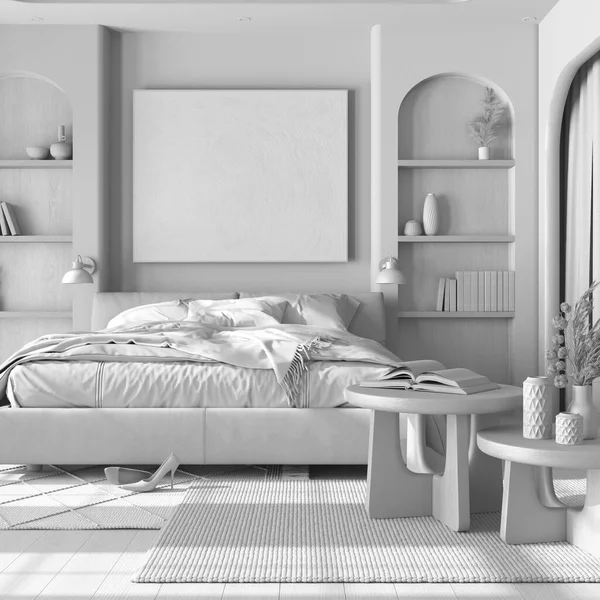 全白色的项目草案 舒适的木制卧室与花束 双人床与羽绒 桌子和地毯 小房间和拱门农舍室内设计 — 图库照片