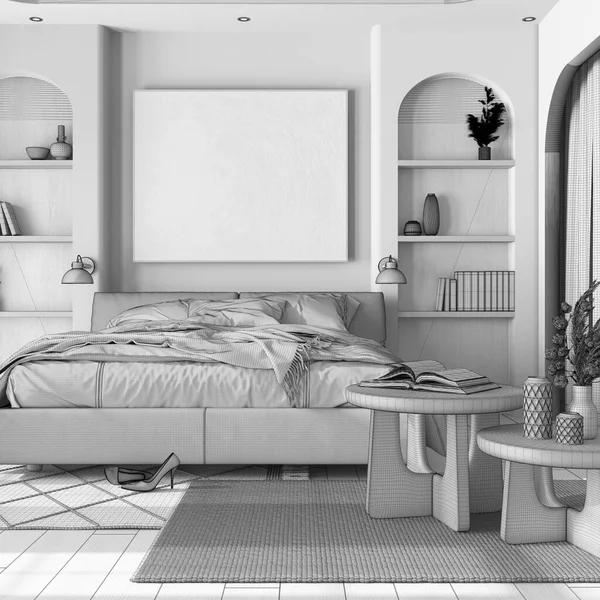 Blaupause Unvollendeter Projektskizze Gemütliches Holzschlafzimmer Mit Parkett Doppelbett Mit Bettdecke — Stockfoto