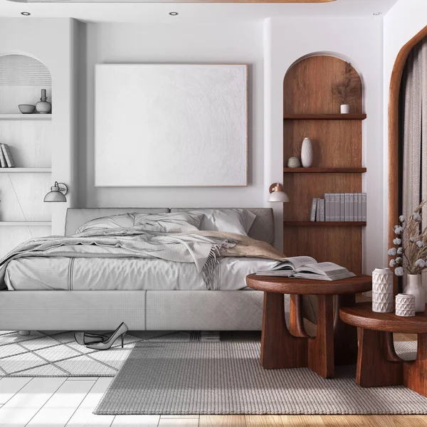 Architektonisches Innenarchitekturkonzept Handgezeichneter Entwurf Unvollendetes Projekt Das Echte Gemütliche Holzschlafzimmer — Stockfoto