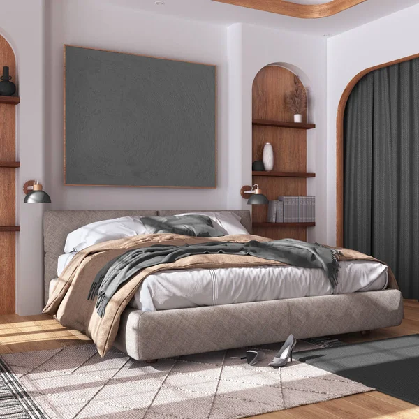 Classic Wooden Bedroom Master Bed Parquet Floor Niches Carpet White — Stock Photo, Image