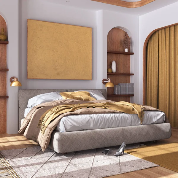 Classic wooden bedroom with master bed, parquet floor, niches and carpet in white and yellow tones. Arched door with curtains and shelves. Farmhouse interior design