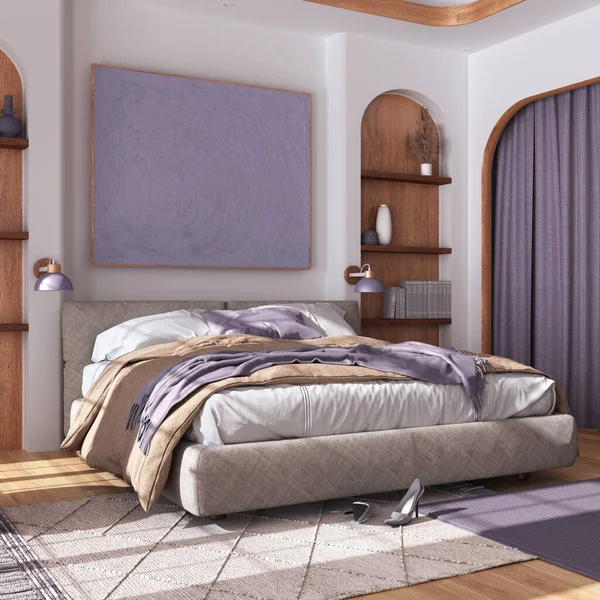 マスターベッド 寄木細工の床 ニッチと白と紫のトーンでカーペットと古典的な木製の寝室 カーテンや棚とアーチ型のドア 農家のインテリアデザイン — ストック写真