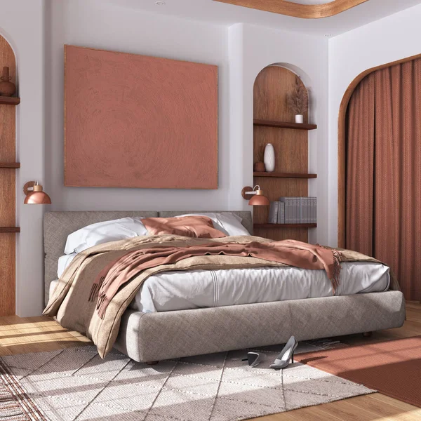 マスターベッド 寄木細工の床 ニッチと白とオレンジのトーンでカーペットと古典的な木製の寝室 カーテンや棚とアーチ型のドア 農家のインテリアデザイン — ストック写真