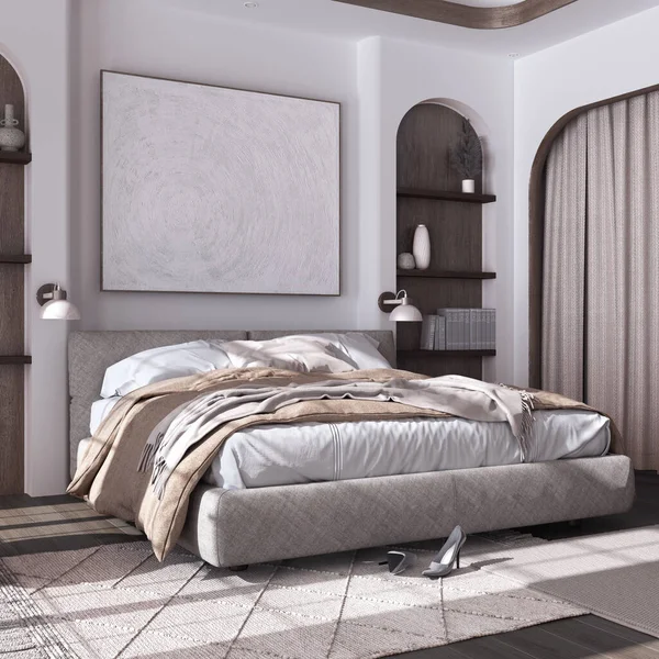 Classic Dark Wooden Bedroom Master Bed Parquet Floor Niches Carpet — Stock Photo, Image