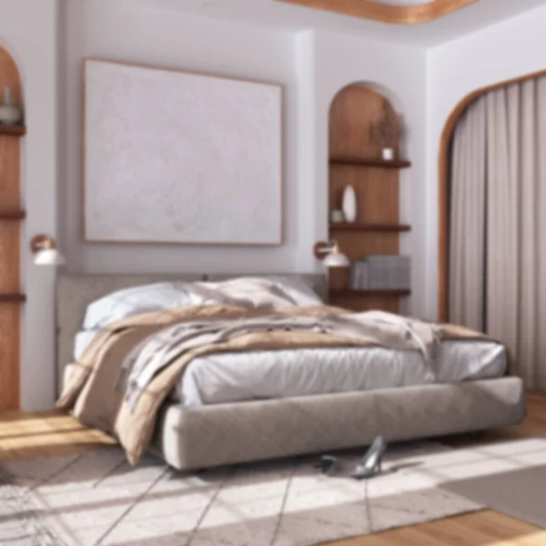 模糊的背景 经典的木制卧室与主人的床 木地板 壁龛和地毯 有窗帘和架子的拱门 农舍室内设计 — 图库照片