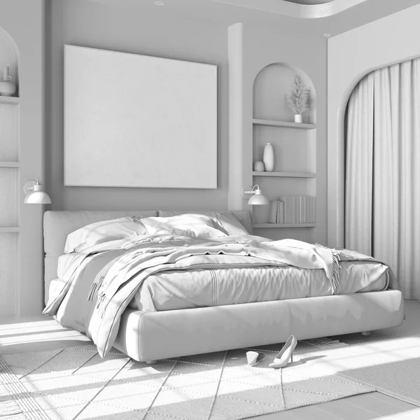 Borrador Proyecto Blanco Total Dormitorio Clásico Madera Con Cama Principal —  Fotos de Stock