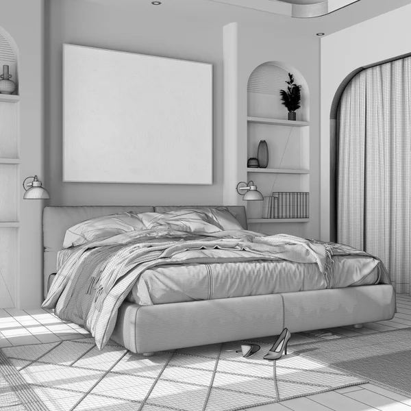 Proyecto Sin Terminar Proyecto Proyecto Dormitorio Clásico Madera Con Cama — Foto de Stock