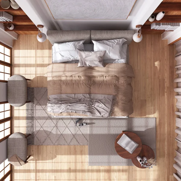 寄木細工の床とジャパンディスタイルの木製の寝室 ダブルベッド カーペット 白とベージュのトーンでテーブル トップビュー 現代的なインテリアデザイン — ストック写真