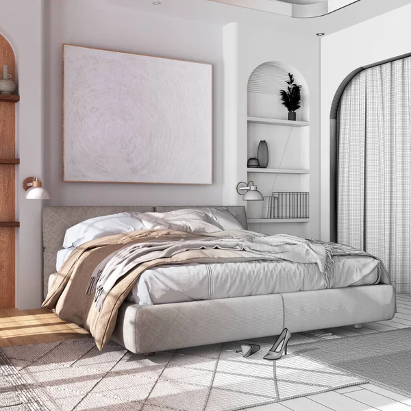 인테리어 디자이너 손으로 미완성 프로젝트는 마스터 침대와 실제의 고전적 침실이 — 스톡 사진