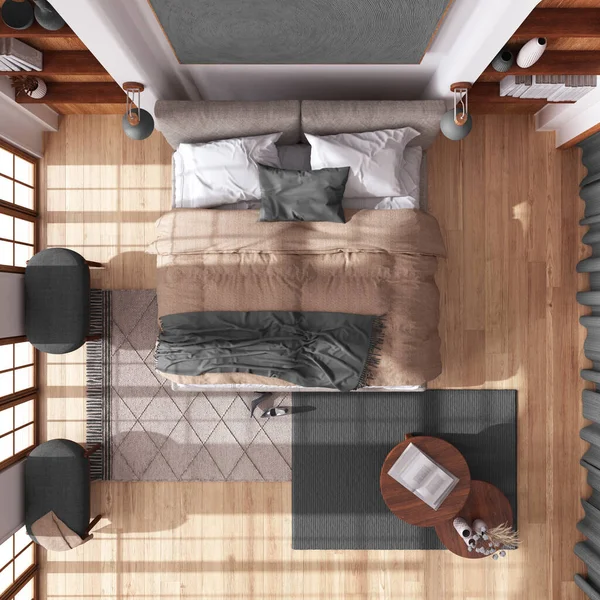 寄木細工の床とジャパンディスタイルの木製の寝室 ダブルベッド カーペット 白とグレーのトーンでテーブル トップビュー 現代的なインテリアデザイン — ストック写真