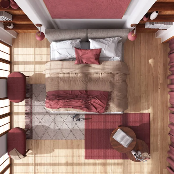 寄木細工の床とジャパンディスタイルの木製の寝室 ダブルベッド カーペット 白と赤のトーンでテーブル トップビュー 現代的なインテリアデザイン — ストック写真