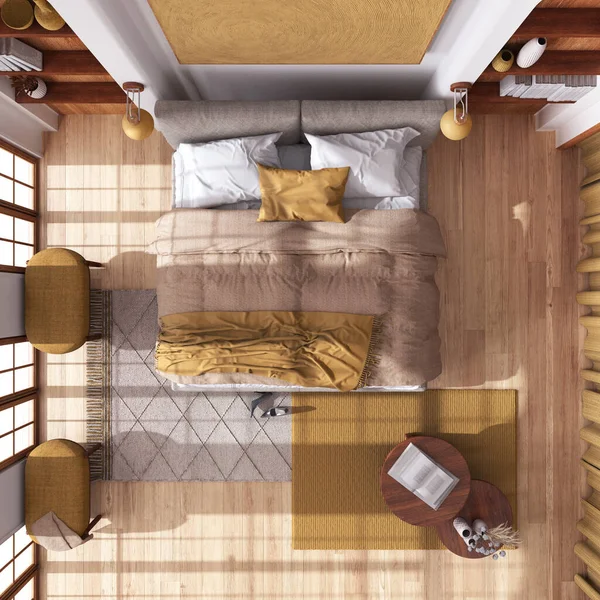 寄木細工の床とジャパンディスタイルの木製の寝室 ダブルベッド カーペット 白と黄色のトーンでテーブル トップビュー 現代的なインテリアデザイン — ストック写真