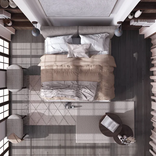 日本风格的深色木制卧房 有花篮地板 双人床 地毯和桌子 用白色和米黄色调 顶部视图 当代室内设计 — 图库照片