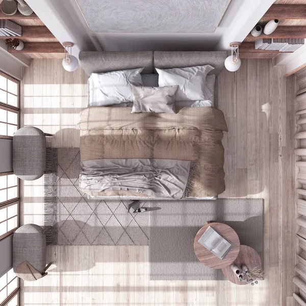 日本风格的带花束地板的漂白木制卧室 双人床 地毯和桌子 用白色和米黄色调 顶部视图 当代室内设计 — 图库照片