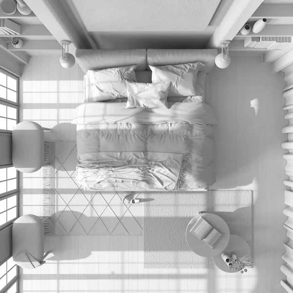 Полностью Белый Проект Проекта Деревянная Спальня Стиле Джапанди Паркетным Полом — стоковое фото