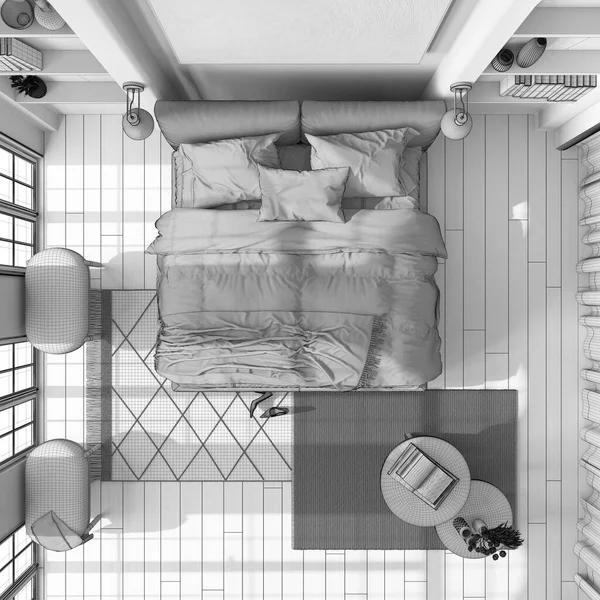 Blueprint Ημιτελές Σχέδιο Έργου Ξύλινη Κρεβατοκάμαρα Japandi Στυλ Παρκέ Δάπεδο — Φωτογραφία Αρχείου