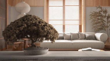 Saksı çiçekli ahşap masa rafı, bej yapraklar, çiçekler, japandi oturma odasında kanepe, sürdürülebilir iç tasarım, zen mimari konsept fikri