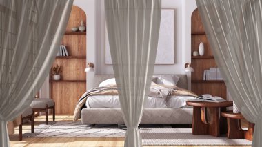 White openings curtains overlay japandi bedroom, interior design background, front view, clipping path, vertical folds, soft tulle textile texture, stage concept with copy space