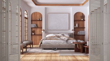 Minimalist ahşap japandi yatak odasında beyaz katlı kapı açılıyor. Çift kişilik yatak, çukur ve dekorlar, iç tasarım, mimar tasarımcısı konsepti.