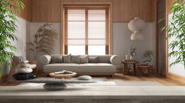 Tahta vintage masa veya rafta taş dengesi ve bambu dalları, Japonya oturma odasında kanepe, feng shui, zen konsept iç mimarisi