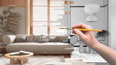 Proje taslağı, kanepeli modern ahşap oturma odasının taslağı, iç dekorasyon detayları, japandi tasarım fikri, parke döşeme, özel mobilyalar.