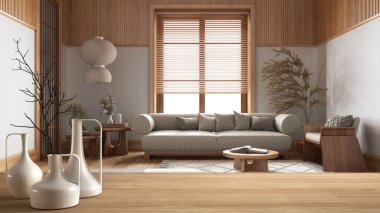 Çağdaş mimari tasarımı, modern japandi ahşap oturma odası üzerine minimalist modern vazolarla ahşap masa veya raf.