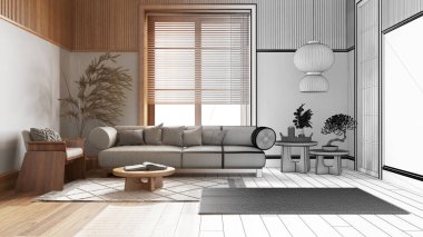 Mimari iç mimar konsepti: elle çizilmiş tamamlanmamış proje, Japonya 'nın tahta duvarlı oturma odası. Japon iç tasarımı