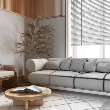 Mimari iç mimar konsepti: elle çizilmiş tamamlanmamış proje, ahşap duvarlı çiftlik evi oturma odası. Çağdaş biçim