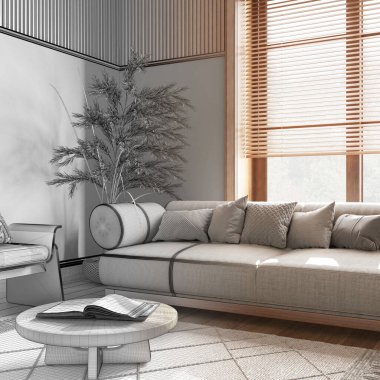 Mimari iç mimar konsepti: elle çizilmiş tamamlanmamış proje, ahşap duvarlı çiftlik evi oturma odası. Çağdaş biçim