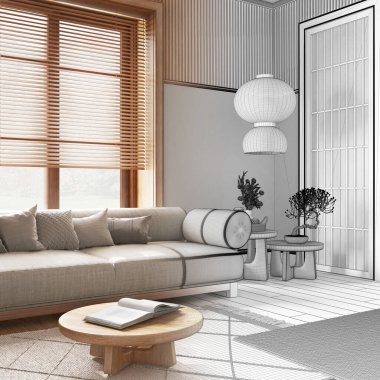 Mimari iç mimar konsepti: elle çizilmiş tamamlanmamış proje, Japonya 'nın tahta duvarlı oturma odası. Parke, kanepe ve kağıt lamba. Japon tarzı